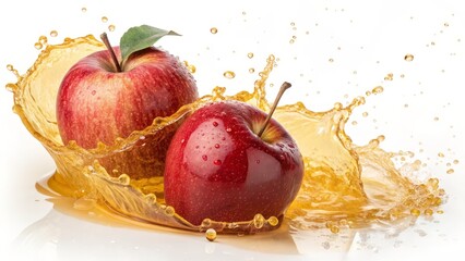 Two Red Apples in a Juice Splash High-Resolution Photography, Dynamic Composition, Freshness Concept, Apple Juice, Fruit Apple Juice, Photography