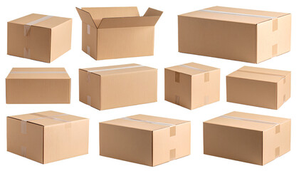 Fototapeta premium Set of Brown Cardboard Boxes in Various Sizes – Front and Top Views, Isolated on Transparent PNG