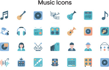 Music Icons Set with Guitars Speakers Headphones and Notes acoustic guitar