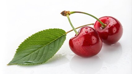 Two Red Cherries with Leaf Close-up Macro Photography, Still Life Composition, Fresh Fruit Concept, Cherry, Fruit Photography Cherry, Macro