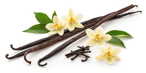 Vanilla Beans and Flowers High-Angle Close-Up Still Life Composition, Spice, Floral, aroma Vanilla, Orchids
