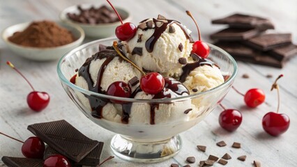 Vanilla Ice Cream Sundae with Chocolate Sauce and Cherries Food Photography, Close-up, Sweet Dessert Ice cream, sundae, dessert, photography