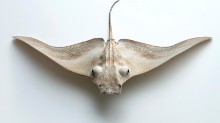 Fototapeta premium Top-down view of a preserved ray, showcasing its unique wing-like pectoral fins and body details against a clean white background.