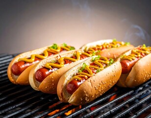 Close up of hotdogs grilling over charcoal with smoke rising in the background during a summer barbecue gathering