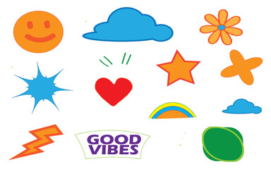 Bright colorful doodle icons for fun, positivity, and creativity.