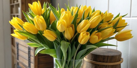 Vibrant Yellow Tulip Bouquet Close-up Composition in Glass Vase, Spring Flowers, Floral Photography Tulips, Spring Flowers