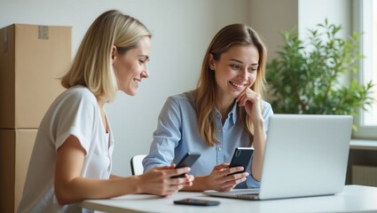 cheerful woman running an online business from home, using her phone and laptop