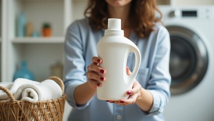 Woman holding a white detergent bottle, ready for laundry, with a basket of clean towels and a washing machine in the background.