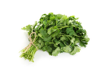 Fototapeta premium Bunch of aromatic cilantro isolated on white, above view