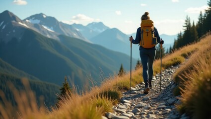 Female hiker with orange backpack and trekking poles walking on mountain trail through alpine landscape with snow-capped peaks and evergreen forest in background