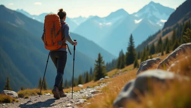 Female hiker with orange backpack and trekking poles walking on mountain trail through alpine landscape with snow-capped peaks and evergreen forest in background