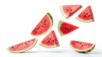 Watermelon Slices in Motion Levitation Photography, Summer Fruit Concept, Red, Juicy, Refreshing Watermelon, summer