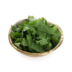 Aromatic cilantro in bowl isolated on white