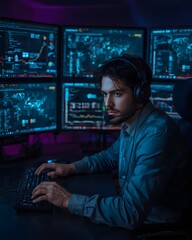 An IT Cybersecurity Analyst Monitoring Multiple Screens
