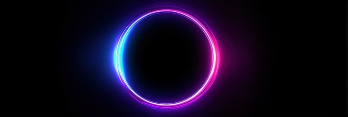 Naklejka premium Futuristic Neon Circle Portal with Glowing Pink and Blue Lights against a Minimalist Dark Backdrop Creates a Striking Visual