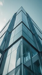 Obraz premium A striking low-angle shot of a modern, glass-covered building 