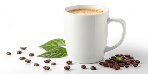 White Mug of Coffee with Beans and Leaves, High-Res Image, Caffeine Concept, Coffee Drink, Beverage Photography Coffee, Beverage, Product Photography