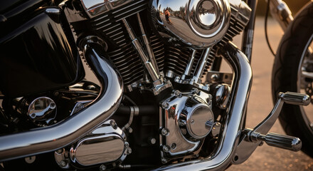 Close-up of a custom chrome motorcycle engine during golden hour, cinematic lighting revealing glistening metal, oil-smudged bolts, and finely crafted mechanical parts