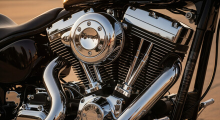 Fototapeta premium Close-up of a custom chrome motorcycle engine during golden hour, cinematic lighting revealing glistening metal, oil-smudged bolts, and finely crafted mechanical parts