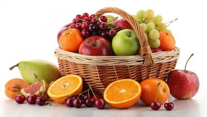Wicker Basket Overflowing with Colorful Fruits Apples, Oranges, Grapes and Cherries Composition, Healthy Food Concept, Still Life Photography Fruit basket, healthy eating, still life