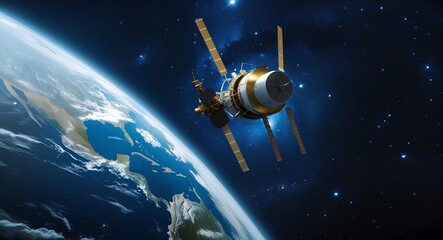 Naklejka premium A stunning view of Earth from space, with a satellite in the foreground orbiting the planet 