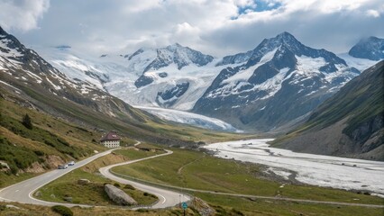 Winding Road Through Alpine Glacier Landscape High-Angle View, Composition, Mountain Scenery, Switzerland Glacier, Alps