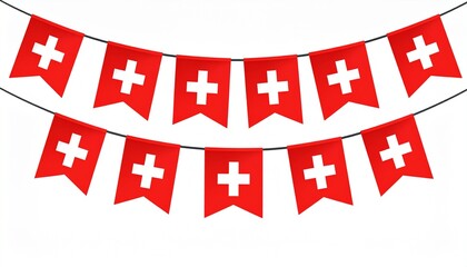 Festive bunting featuring the Swiss flag design hanging in two rows on white backdrop