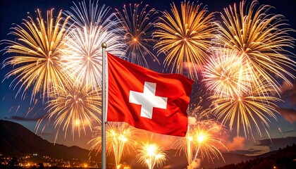 Swiss flag waving proudly against a backdrop of vibrant fireworks display at night