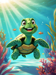 Funny retro underwater tortoise swimming in sea or ocean water