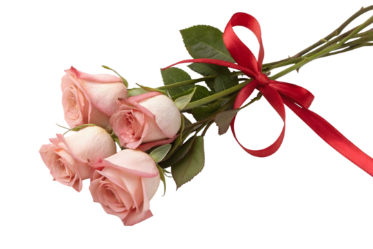 A delicate bouquet of soft pink roses adorned with a red ribbon, conveying affection and beauty, isolated on a transparent background