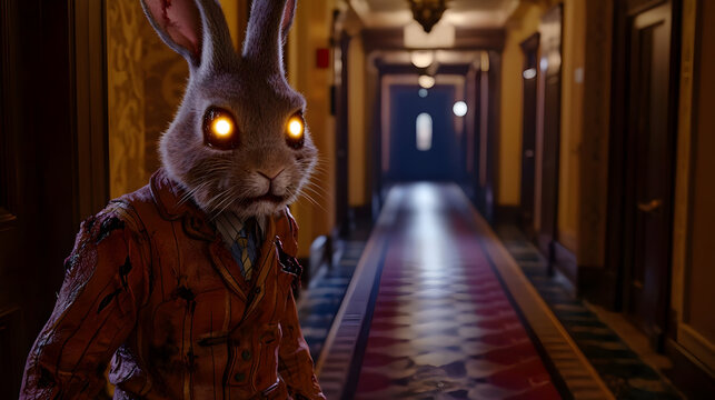 A rabbit in a hotel corridor, glowing eyes, distressed clothing