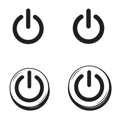 A collection of black and white power button icons in various styles and presentations for design elements.
