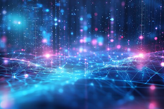 Futuristic technology background with glowing network connections and data stream visualization