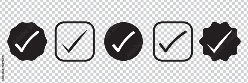 Poster check mark icon button set. check box icon with right or correct buttons and yes checkmark tick box 