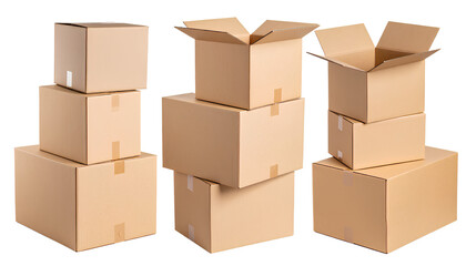 Stacked and Single Corrugated Boxes for Shipping – Minimalist Mockup on Transparent  Background PNG