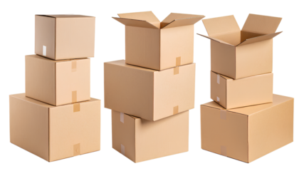  Stacked and Single Corrugated Boxes for Shipping – Minimalist Mockup on Transparent  Background PNG