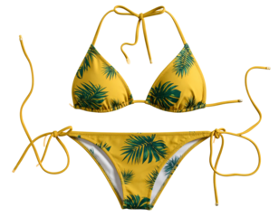 Trendy Yellow Bikini with Tropical Pattern, Front View Cutout