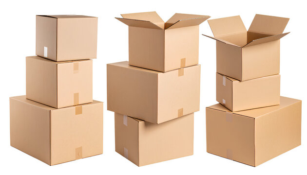  Stacked and Single Corrugated Boxes for Shipping &ndash; Minimalist Mockup on Transparent  Background PNG