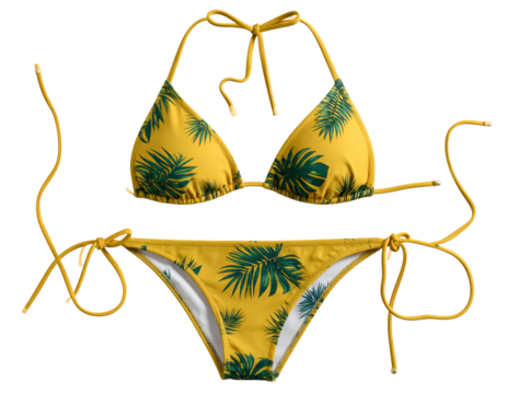 Trendy Yellow Bikini with Tropical Pattern, Front View Cutout