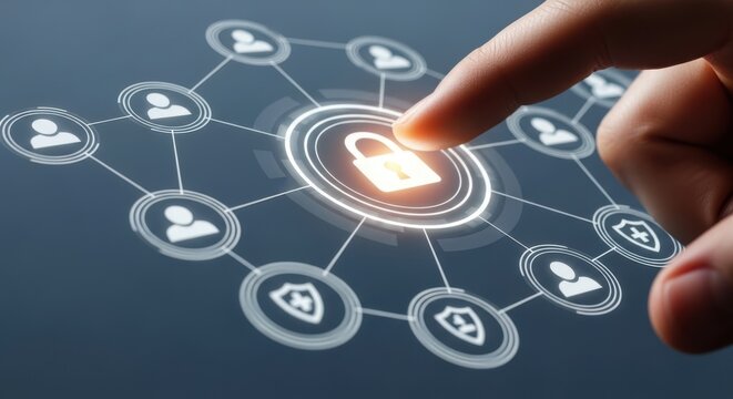 A finger touches a glowing padlock at the center of a digital network connecting people and security icons