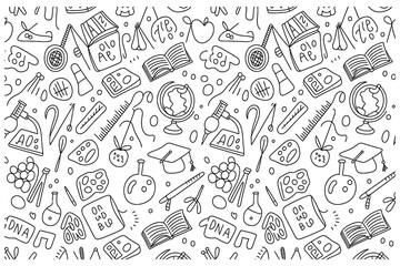 Black and white doodle pattern of science and education objects