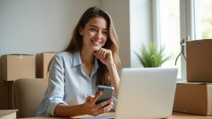 cheerful woman running an online business from home, using her phone and laptop