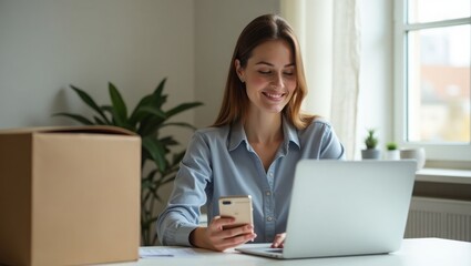 cheerful woman running an online business from home, using her phone and laptop