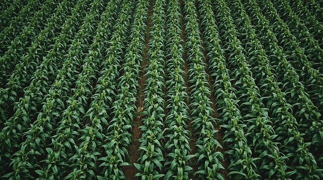 Aerial view captures lush, vibrant green crop rows neatly aligned across a vast farm field, showcasing healthy vegetation, organized planting patterns, and the thriving agricultural landscape under na