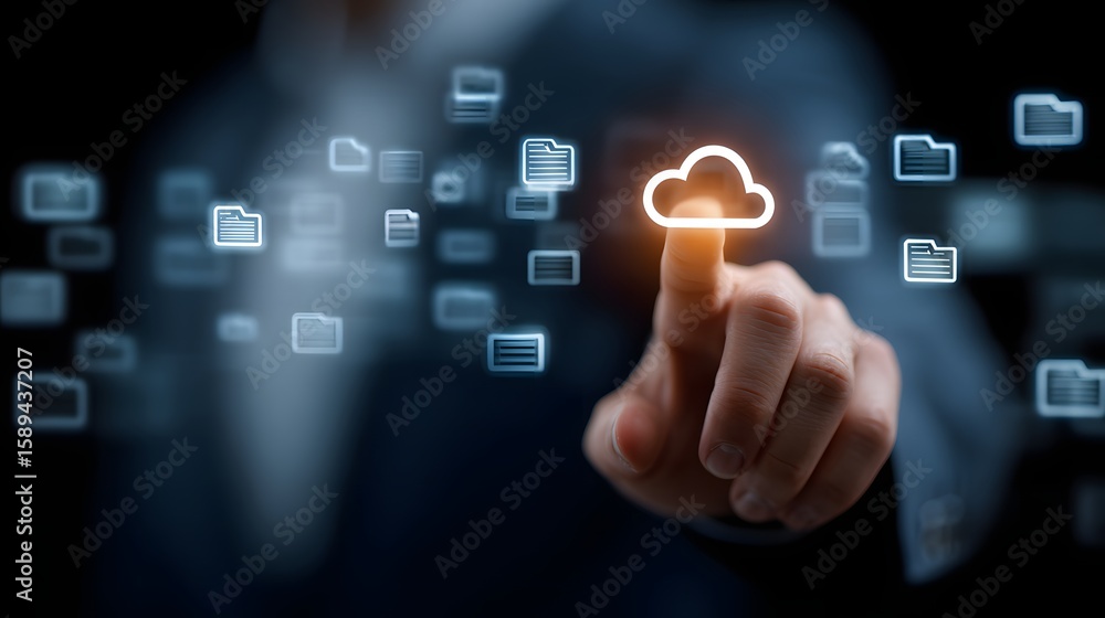 Poster cloud computing: man's finger touching cloud icon with document stream