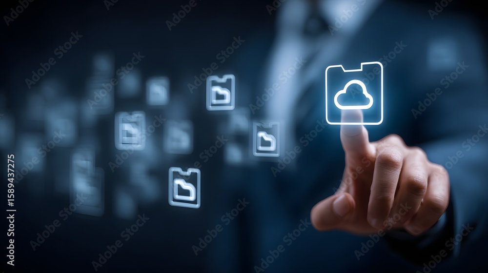 Poster secure cloud data: man touching digital cloud file storage