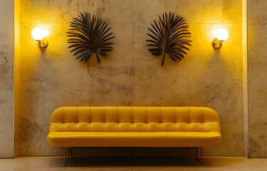 A yellow leather sofa stands against the wall, with two sconces featuring palm leaves on each side of it