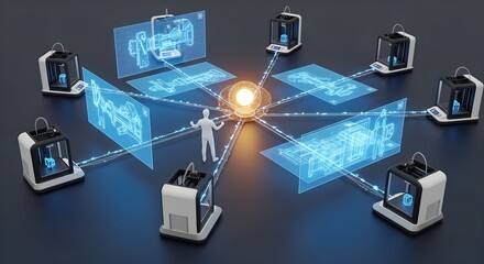 A human figure oversees a network of 3D printers and holographic blueprints connected to a central data hub, symbolizing distributed manufacturing and the human role in the loop.