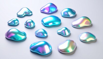 Holographic 3D Slime Blobs With Reflective Foil Surface on White Backdrop