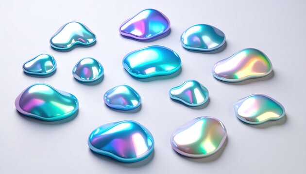 Holographic 3D Slime Blobs With Reflective Foil Surface on White Backdrop